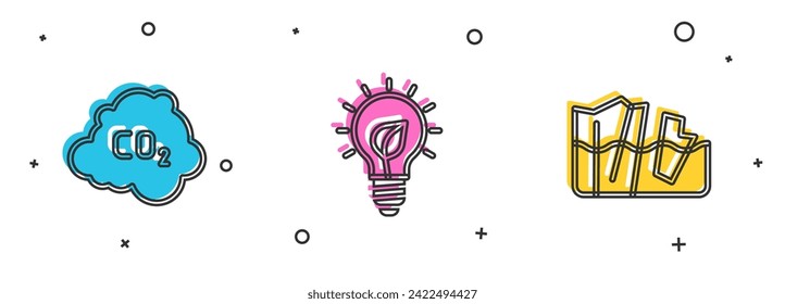 Set CO2 emissions in cloud, Light bulb with leaf and Glacier melting icon. Vector