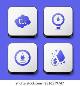 Set CO2 emissions in cloud, Motor gas gauge,  and Oil drop with dollar symbol icon. White square button. Vector