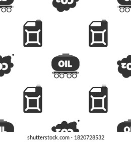 Fijar las emisiones de CO2 en la nube, la cisterna de los ferrocarriles petrolíferos y el cartucho para la gasolina en un patrón ininterrumpido. Vector