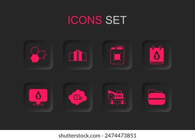 Set CO2 emissions in cloud, Oil tank storage, Molecule oil, platform the sea, drop with dollar symbol, Canister gasoline,  and  icon. Vector