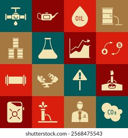 Set CO2 emissions in cloud, Oil rig with fire, exchange, drop, petrol test tube, Barrel oil, Broken pipe leaking water and price increase icon. Vector