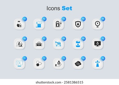 Set CO2 emissions in cloud, Oil pipe with valve, and gas industrial factory, Word oil, rig, drop dollar symbol, petrol test tube and platform the sea icon. Vector