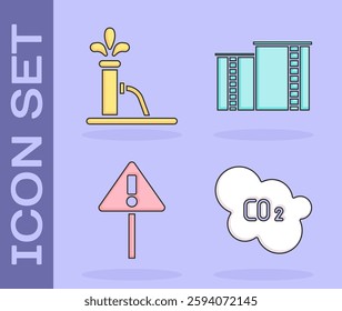 Set CO2 emissions in cloud, Oil pump or pump jack, Exclamation mark in triangle and Oil industrial factory building icon. Vector