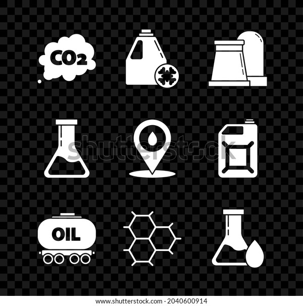Set CO2 emissions in cloud, Oil and gas industrial\
factory building, railway cistern, Chemical formula consisting of\
benzene rings, petrol test tube, Test flask and Refill fuel\
location icon. Vector