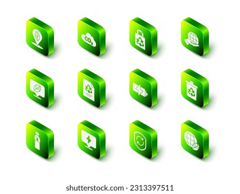 Set CO2 emissions in cloud, Paper bag with recycle, Hand holding Earth globe, Recycle bin, leaf, Battery, symbol inside shield and Lightning bolt icon. Vector