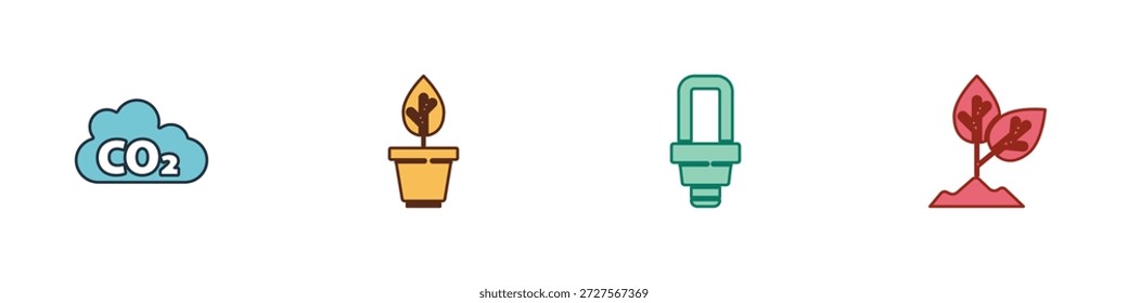 Establezca las emisiones de CO2 en la nube, la maceta de la planta, la bombilla led y el icono. Vector