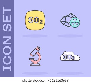 Set CO2 emissions in cloud, Sulfur dioxide SO2, Microscope and Radioactive icon. Vector