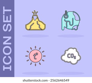 Set CO2 emissions in cloud, Volcano eruption with lava, Sun and Global warming icon. Vector