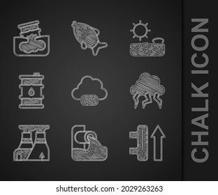 Set CO2 emissions in cloud, Wastewater, Global warming, Storm, Nuclear power plant, Barrel oil, Drought and leak icon. Vector