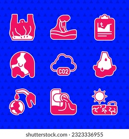 Set CO2 emissions in cloud, Wastewater, Drought, Glacier melting, Gas pump nozzle and globe, Global warming,  and Say to plastic bags poster icon. Vector