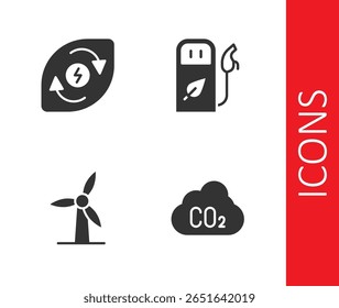 Establezca las emisiones de CO2 en la nube, la energía del agua, la turbina eólica y el icono de la gasolinera o gasolinera. Vector