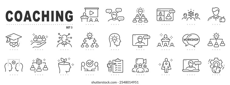 Conjunto de ícones de linha relacionados ao coaching. Treinamento, mentoreamento, liderança, workshop etc. Traçado editável. Conjunto 3