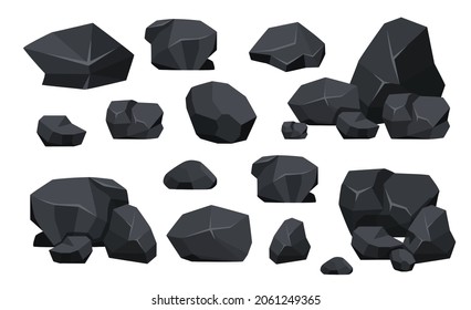 Set of Coal Black Mineral Resources. Fossil Stone Pieces of Polygonal Shapes, Rock of Graphite or Charcoal. Energy Resource Charcoal Icons Collection Isolated on White Background. Vector Illustration