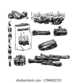 set of coal, charcoal, firewood for fireplace or barbecue, logo, emblem, decoration, vector illustration with black ink contour lines isolated on a white background in a doodle & hand drawn style