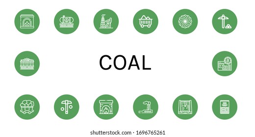 Conjunto de iconos de carbón. Tales como la chimenea, el tren petrolero, la minería del petróleo, el carbón, el malvavisco, la minería, la industria, la represa, los iconos del carbón