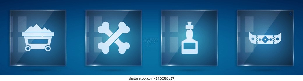 Set Coal mine trolley, Crossed human bones, Tabasco sauce and Kayak or canoe and paddle. Square glass panels. Vector