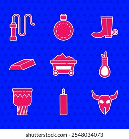 Set Coal mine trolley, Dynamite bomb, Buffalo skull, Gallows rope loop hanging, Drum, Gold bars, Cowboy boot and Leather whip icon. Vector