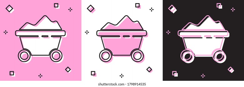 Set Coal mine trolley icon isolated on pink and white, black background. Factory coal mine trolley. Vector Illustration