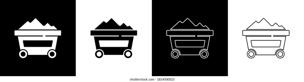 Set Coal mine trolley icon isolated on black and white background. Factory coal mine trolley.  Vector