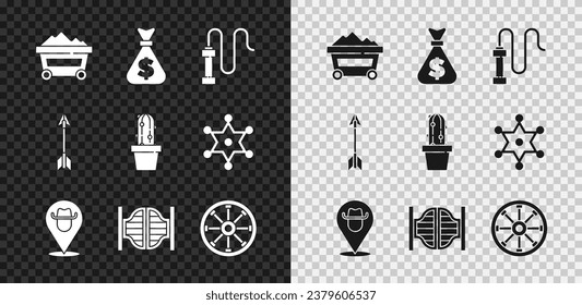 Set Coal mine trolley, Money bag, Leather whip, Location cowboy, Saloon door, Old wooden wheel, Crossed arrows and Cactus peyote pot icon. Vector