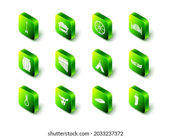 Coloca el carrito de la mina de carbón, la vieja rueda de madera, la puerta de Saloon, la canoa y el remo de Kayak, el diente, la wigwam de la tepee india, las barras de oro y el icono del cráneo de búfalo. Vector