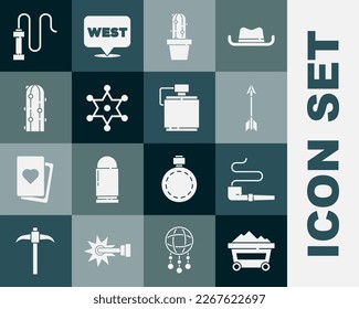 Ponga el carro de la mina de carbón, el tubo de humo, las flechas cruzadas, la olla de peyote de Cactus, el sheriff de Hexagram, el látigo de cuero y el icono de la botella de agua de Canteen. Vector