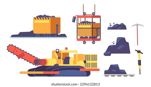 Set Of Coal Mining Equipment Includes Conveyor, Excavator, Loader, Dragline, Shovels, Pickaxe, Sledgehammer