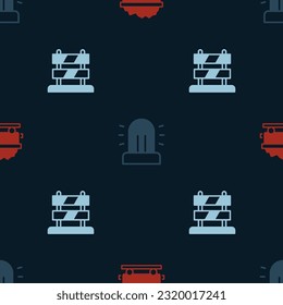 Set Coal train wagon, Flasher siren and End of railway tracks on seamless pattern. Vector