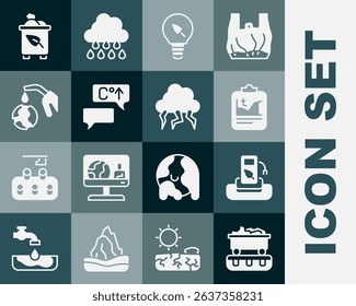 Set Coal train wagon, Petrol or gas station, Global warming, Light bulb with leaf, Gas pump nozzle and globe, Recycle bin recycle and Storm icon. Vector