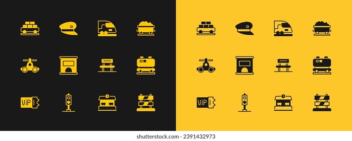 Set Coal train wagon, Train traffic light, Waiting hall, Railway station, Ticket office to buy tickets, High-speed, Cargo and driver hat icon. Vector