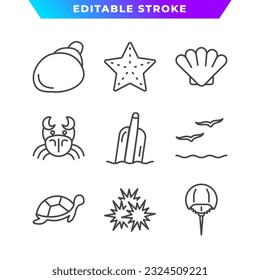 Set of Coastal Life Outline Icon. Sea Urchins, Turtle, Horseshoe Crab, Bamboo Calm, Hermit, and More. Editable Stroke. Vector Eps 10