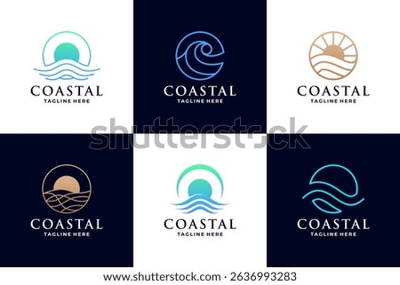 Set of coastal logo design. Beach, wave line art design