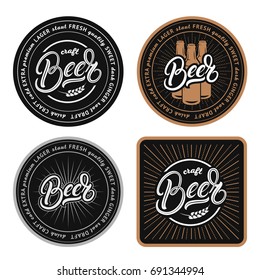 Set Of Coasters For Beer, Bierdeckel, Beermat For Bar, Pub, Beerhouse. Round And Square Stand. Beer Hand Written Lettering. Vector Illustration.