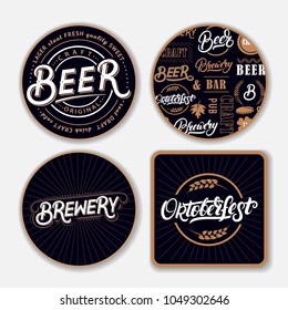 Set Of Coasters For Beer With Hand Written Lettering Words. Bierdeckel, Beermat For Bar, Pub, Beerhouse. Round, Square Stand. Beer, Brewery, Oktoberfest Hand Written Lettering. Vintage Style. Vector