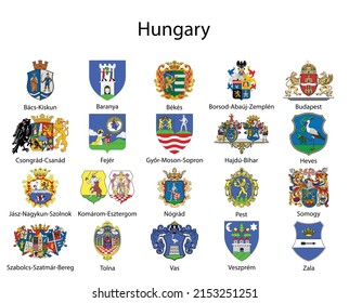 Set Coat of arms of the state of Hyngary, All Hungarian regions emblem collection