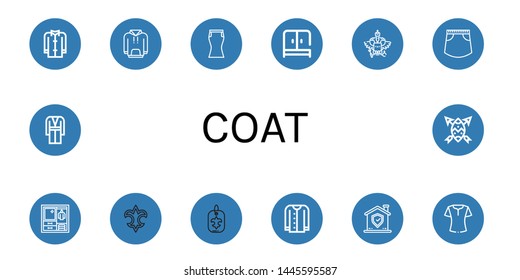 Set of coat icons such as Coat, Hoodie, Skirt, Wardrobe, Coat of arms, Fleur de lis, Cardigan, Shield, Blouse ,
