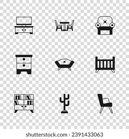 Set Coat stand, Baby crib cradle bed, Armchair, Sofa, TV table, Table with and Furniture nightstand icon. Vector
