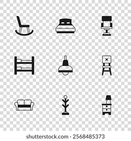 Set Coat stand, Chair, Furniture nightstand with lamp, Lamp hanging, Office chair, Armchair, Big bed and Bunk icon. Vector