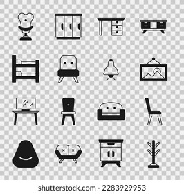 Set Coat stand, Chair, Picture, Office desk, Armchair, Bunk bed,  and Lamp hanging icon. Vector