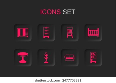 Set Coat stand, Chest of drawers, Wardrobe, Sofa, Baby crib cradle bed, Library bookshelf, Chair and Round table icon. Vector