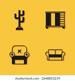 Set Coat stand, Sofa, Armchair and Wardrobe icon with long shadow. Vector