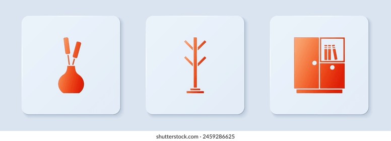 Set Coat stand, Vase and Wardrobe. White square button. Vector