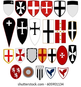 A set of coats of arms on the shields of knights in medieval Crusaders. The illustration on a white background.