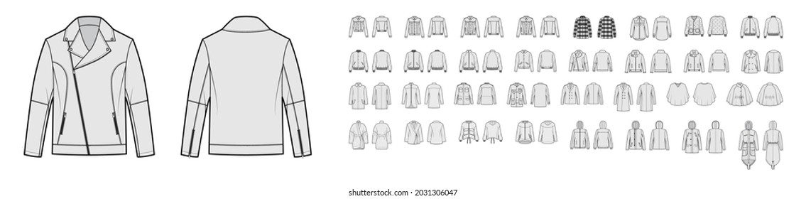 Set of coats, jackets, outerwear technical fashion illustration with oversized, thick, hood collar, long sleeves, pockets. Flat coat template front, back grey color. Women men unisex top CAD mockup