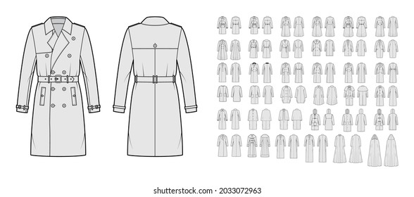 Set of coats, jackets, outerwear technical fashion illustration with oversized, thick, hood collar, long sleeves, pockets. Flat coat template front, back grey color. Women men unisex top CAD mockup
