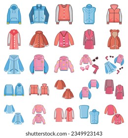 Set of coats, jackets, outerwear technical fashion illustration with oversized, thick, hood collar, long sleeves, pockets.