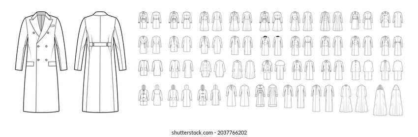Set of coats, outerwear jackets technical fashion illustration with oversized, thick, hood collar, long sleeves, pockets. Flat coat template front, back white color. Women men unisex top CAD mockup