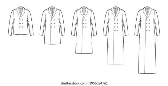 Set of coats technical fashion illustration with long sleeves, notched shawl collar, oversized body, double breasted. Flat jacket template front, white color style. Women, men, unisex CAD mockup