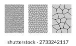 Set of cobblestone patterns. Street pavement or park road textures. Stones or pebbles backgrounds. Floor or wall mosaic tile structures. Ancient building surfaces. Vector flat illustration.