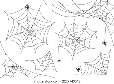 Set of cobweb. Collection of graphic elements for website. Spider and web, scary and dirty place, arachnophobia. Mental breakdown. Cartoon flat vector illustrations isolated on white background